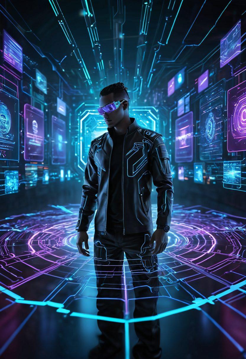 A futuristic depiction of interconnected digital networks forming a web, with a central figure representing Paulson, surrounded by holographic screens displaying various virtual networking platforms. Include elements like circuit patterns and binary codes flowing throughout the scene to emphasize the digital theme. Use vibrant colors to signify energy and innovation, with a subtle background illustrating the vastness of the internet. cyberpunk. vibrant colors. 3D.