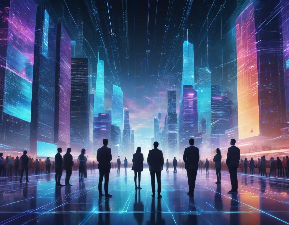 A futuristic cityscape showcasing advanced digital networks crisscrossing above and below, with glowing connections and holographic displays of connectivity metrics. In the foreground, a diverse group of people interact with digital devices, illustrating the impact of technology on human connections. The sky is filled with vibrant circuit patterns, symbolizing the transformation of cyberspace. super-realistic. vibrant colors. high-tech ambiance.