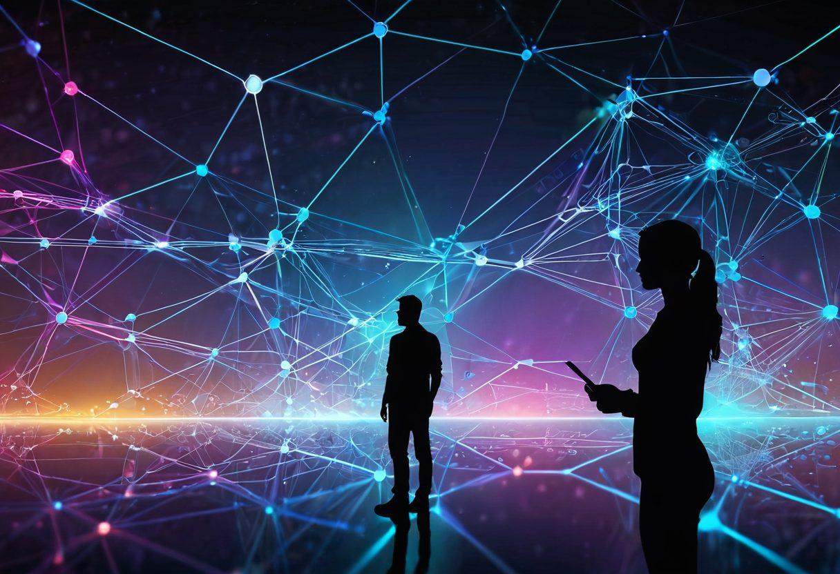 A futuristic digital landscape featuring interconnected nodes and glowing lines, symbolizing the link between cyberspace and user experience. Include a silhouette of a person interacting with a holographic interface, showcasing a seamless blend of technology and human connection. The background should include abstract networks and vibrant colors to emphasize transformation and connectivity. super-realistic. vibrant colors. 3D.